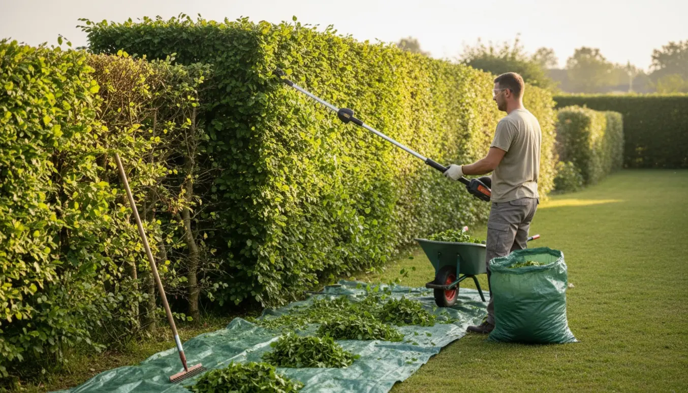 En arbejder trimmer en lang dobbeltsidet bøgehæk og samler afklip i en trillebør.
