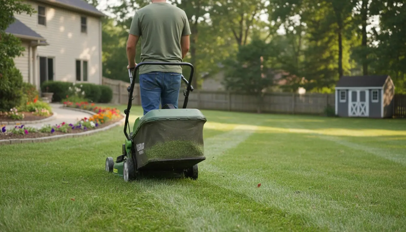 Person klipper græsset med plæneklipper og opsamler foran huset med en større plæne bagved.