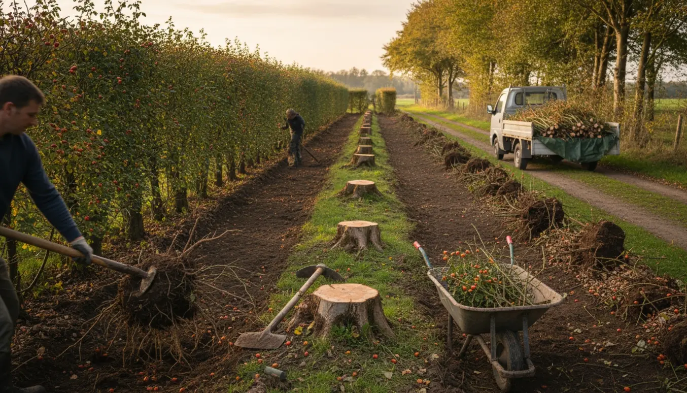 Opgravede hybenbuske, rodklumper og værktøj langs en hæk klar til bortkørsel.