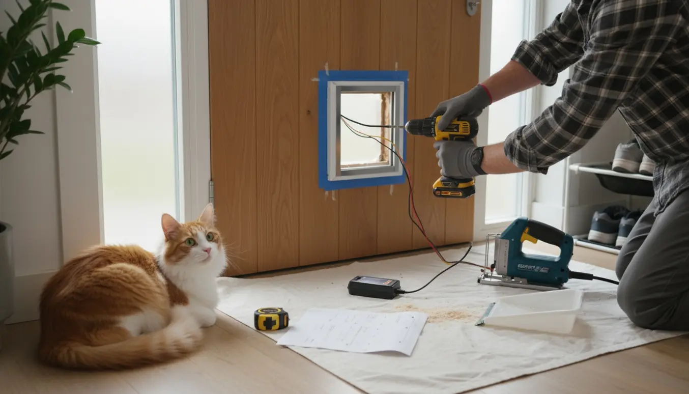 Elektronisk kattelem med chip monteret i hoveddør, værktøj og savsmuld ved siden af.