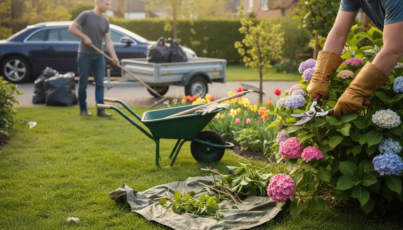 Nærbillede af beskæring og lugning i en forstadshave med fyldte affaldssække og en lille trailer ved indkørslen.