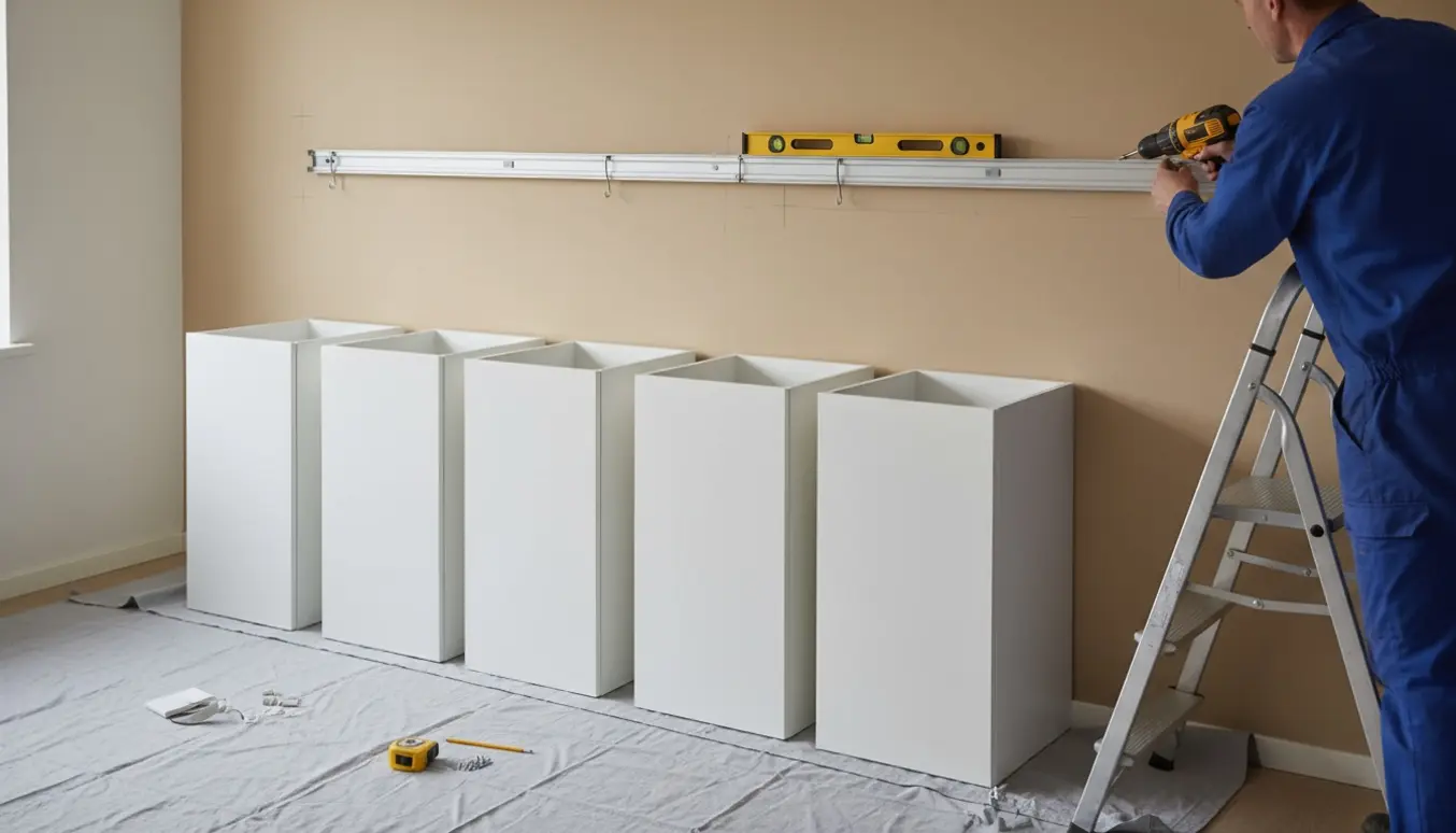 Montage af metal-skinne på væg til ophængning af fem hvide køkkemoduler.