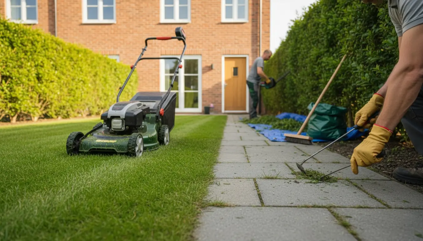 Lille rækkehushave med nyslået græs, nyklippet hæk og fjernet ukrudt mellem fliserne.