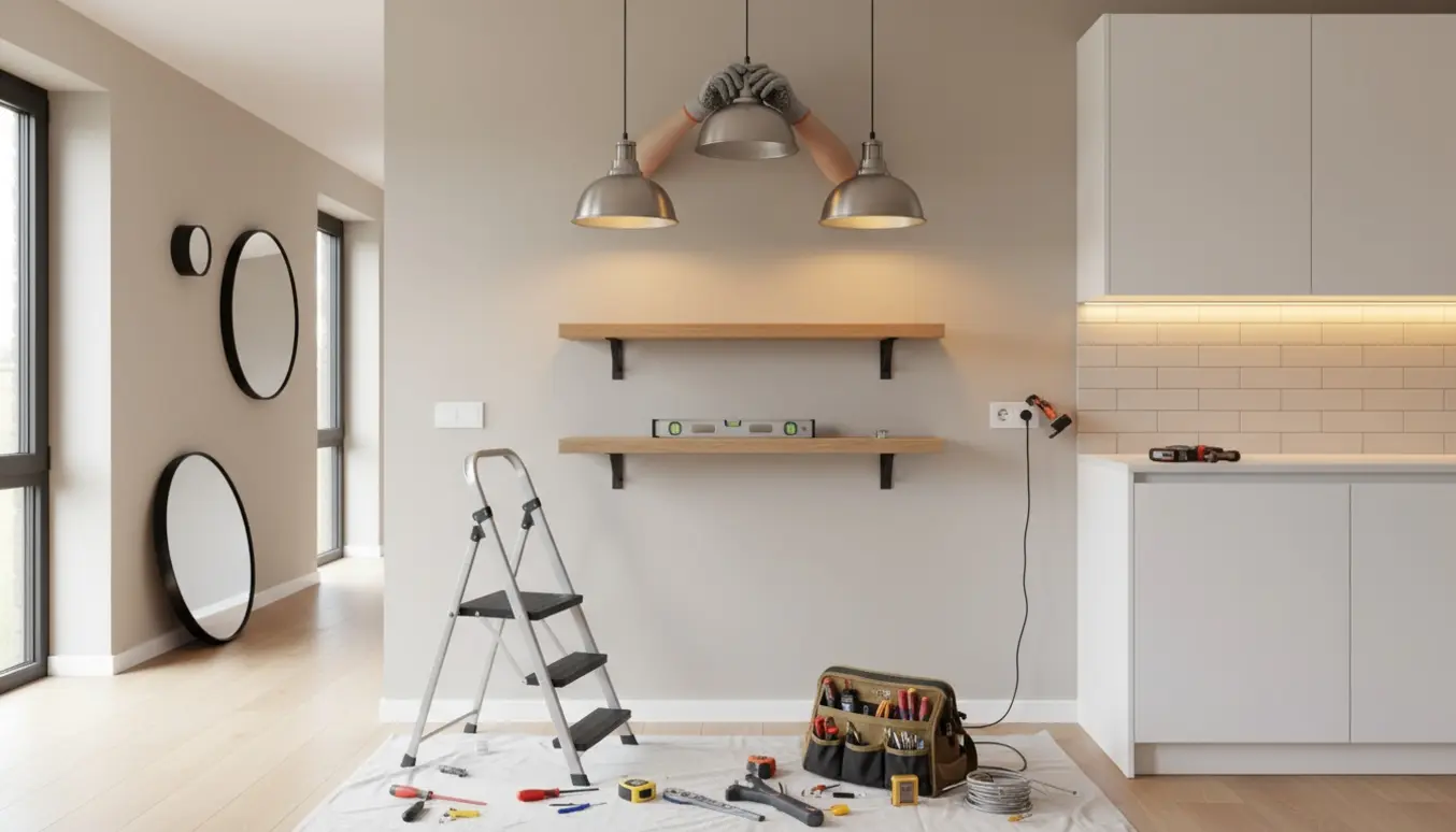 Elektrikerhænder monterer loftslamper, LED-underskabslys og ophænger spejle og hylder i et moderne rum.
