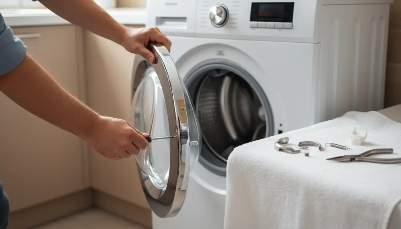 Nærbillede af en frontbetjent vaskemaskinedør med hænder og værktøj, der arbejder på en fastlåst lås.