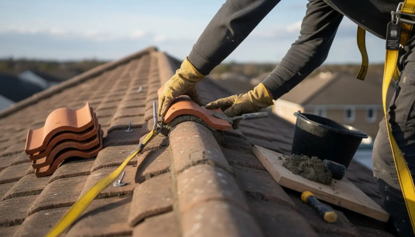 Hænder i handsker lægger nye rygningssten på et tegltag med mørtel og værktøj i fokus.