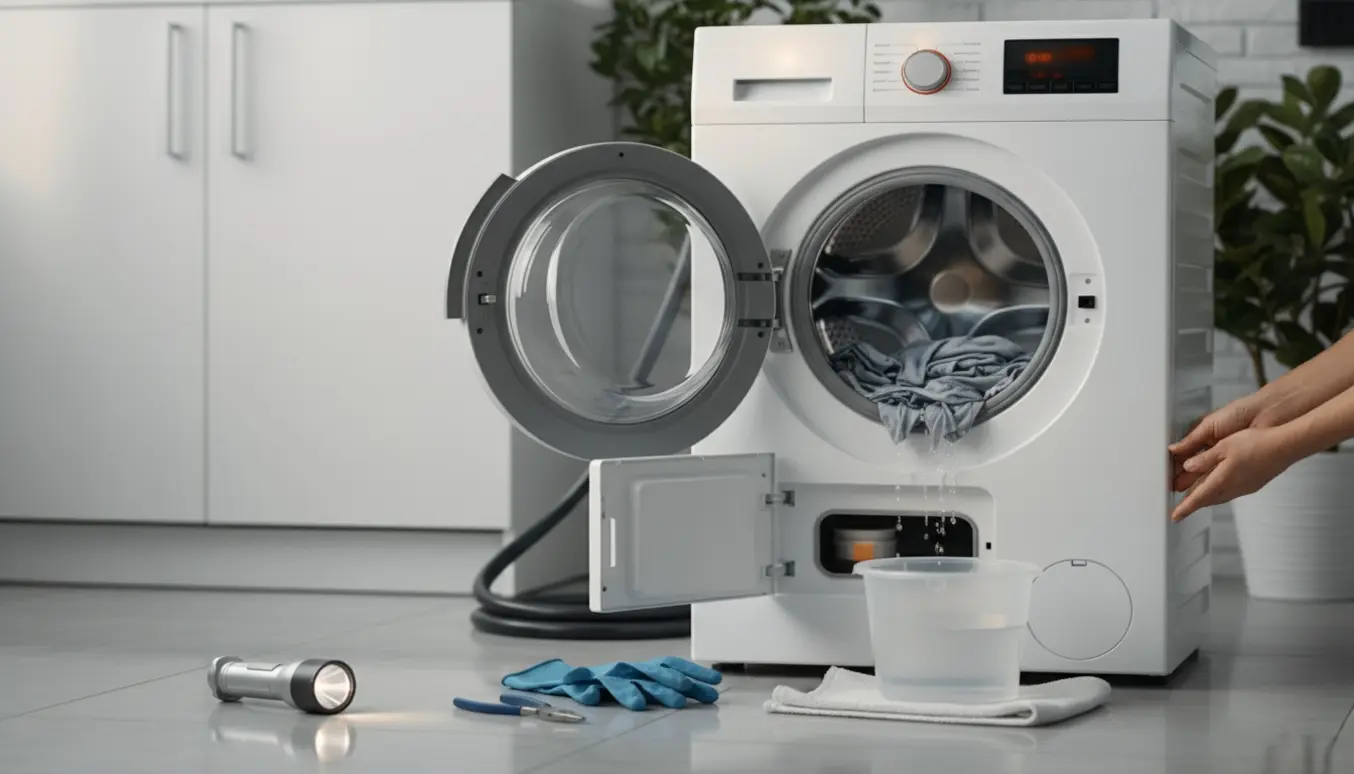 Åben frontbetjent vaskemaskine med vand i tromlen, afløbsfilter åbent og værktøj til fejlfinding i nærheden.