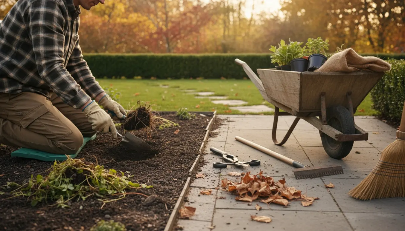 Hænder luger bede og fejer fliser i en have i blødt efterårslys, klar til vinter.