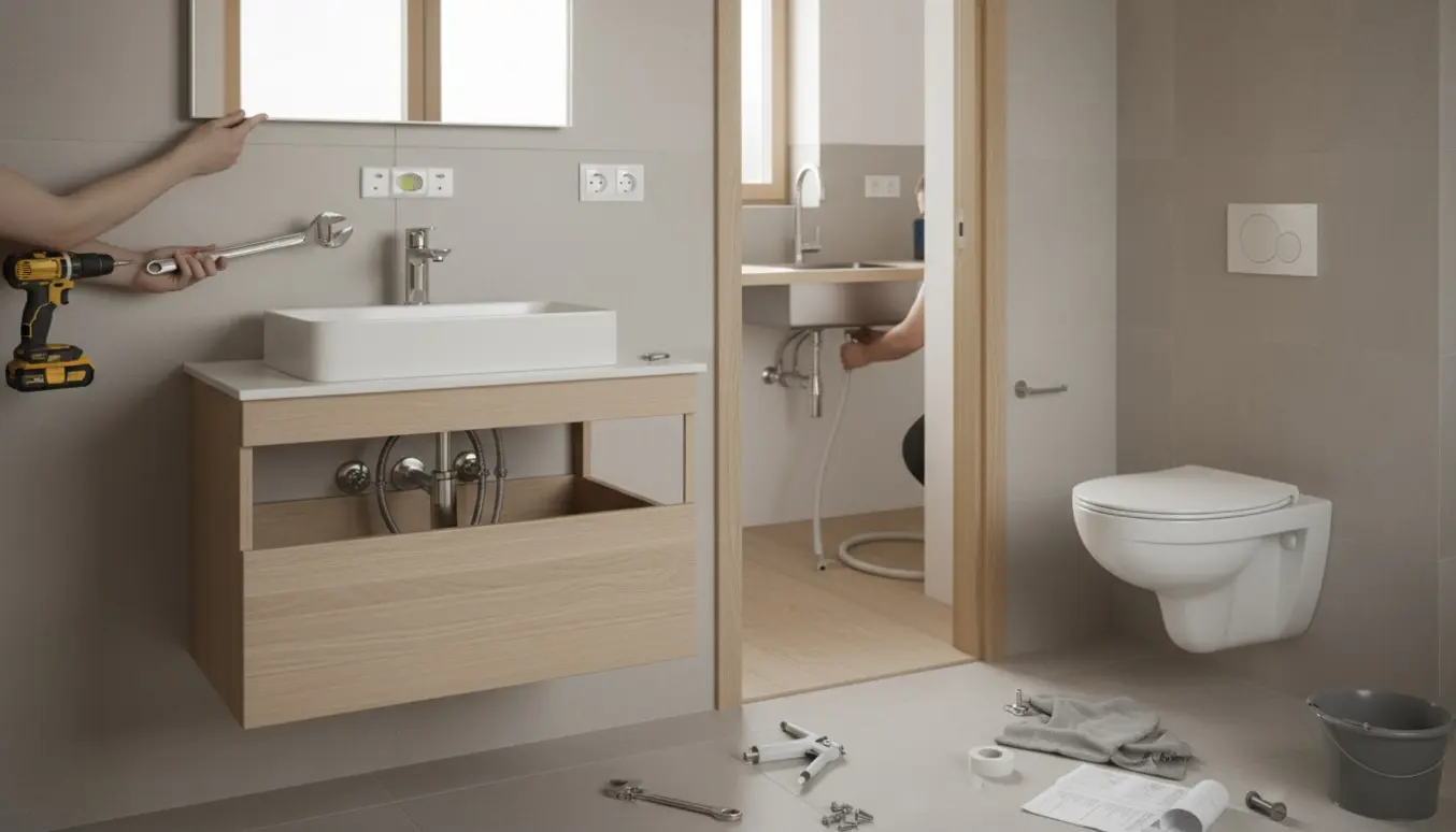 Installatør monterer et træbadeværelsesmøbel og spejl, sætter en toiletskål på en indbygget cisterne, mens køkkenvask og opvaskemaskineslange tilsluttes.