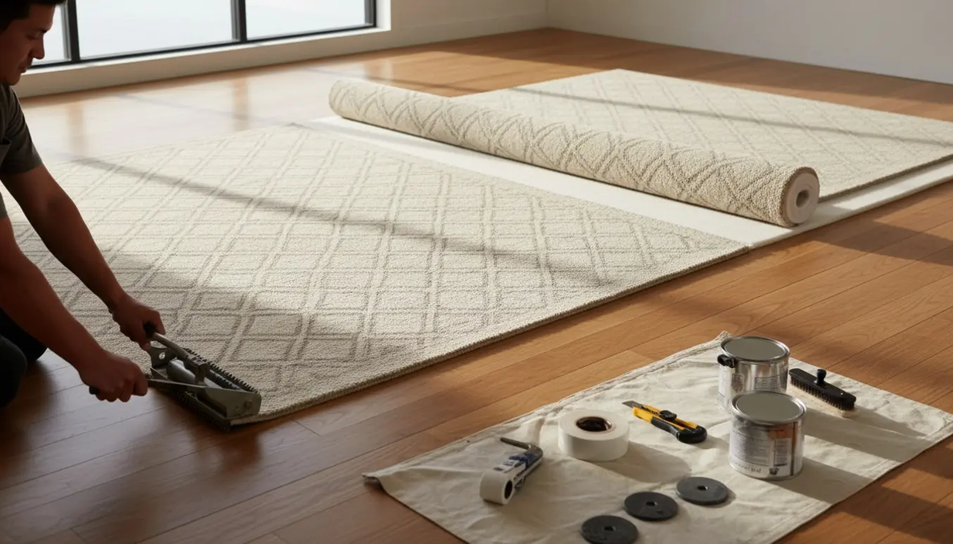 To håndværkeres hænder lægger to nye gulvtæpper i et lyst, moderne rum, et langt rektangulært og et kvadratisk tæppe.