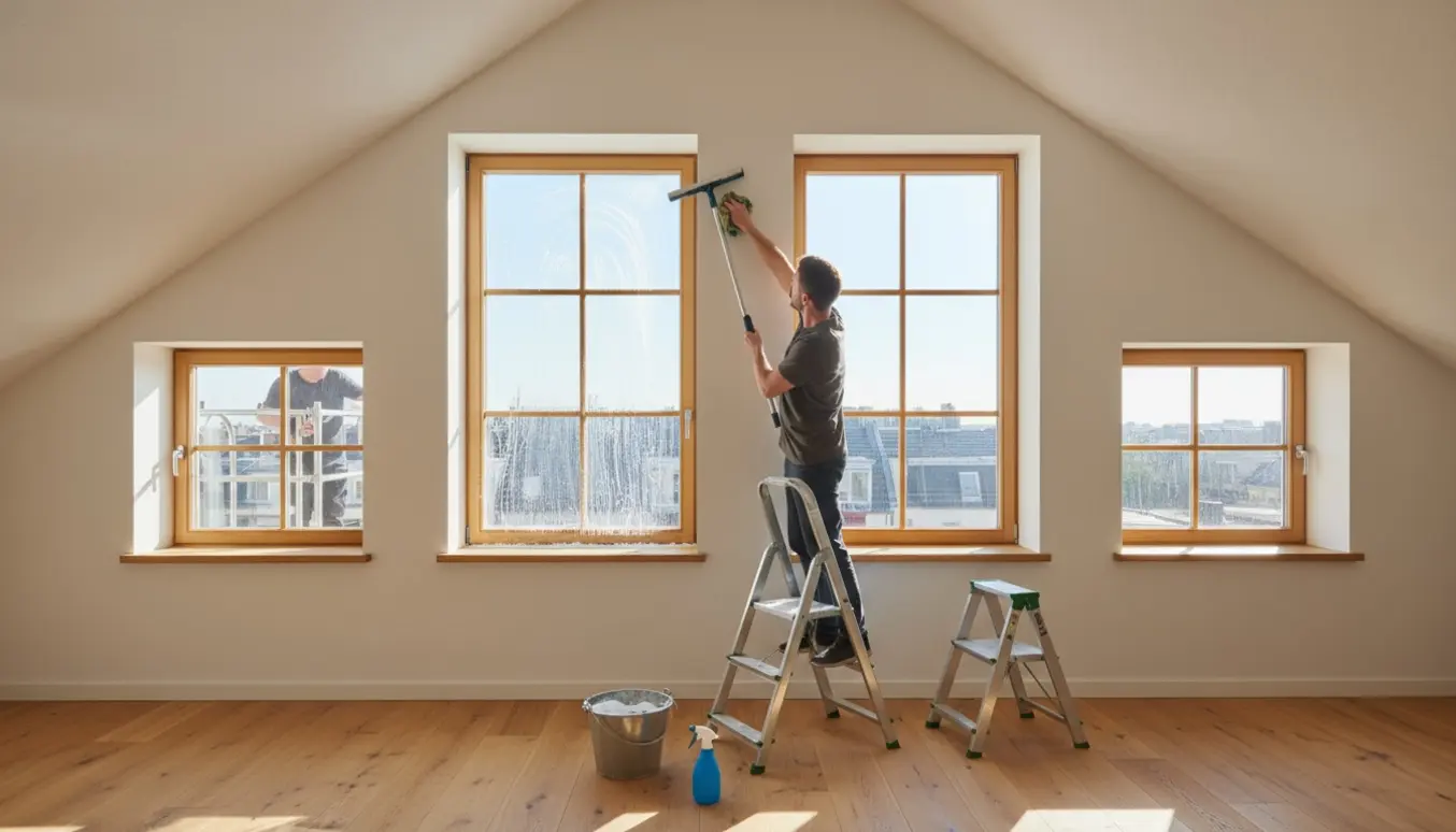 Person pudser store skråvinduer i en lejlighed på tredje sal med skråloft.
