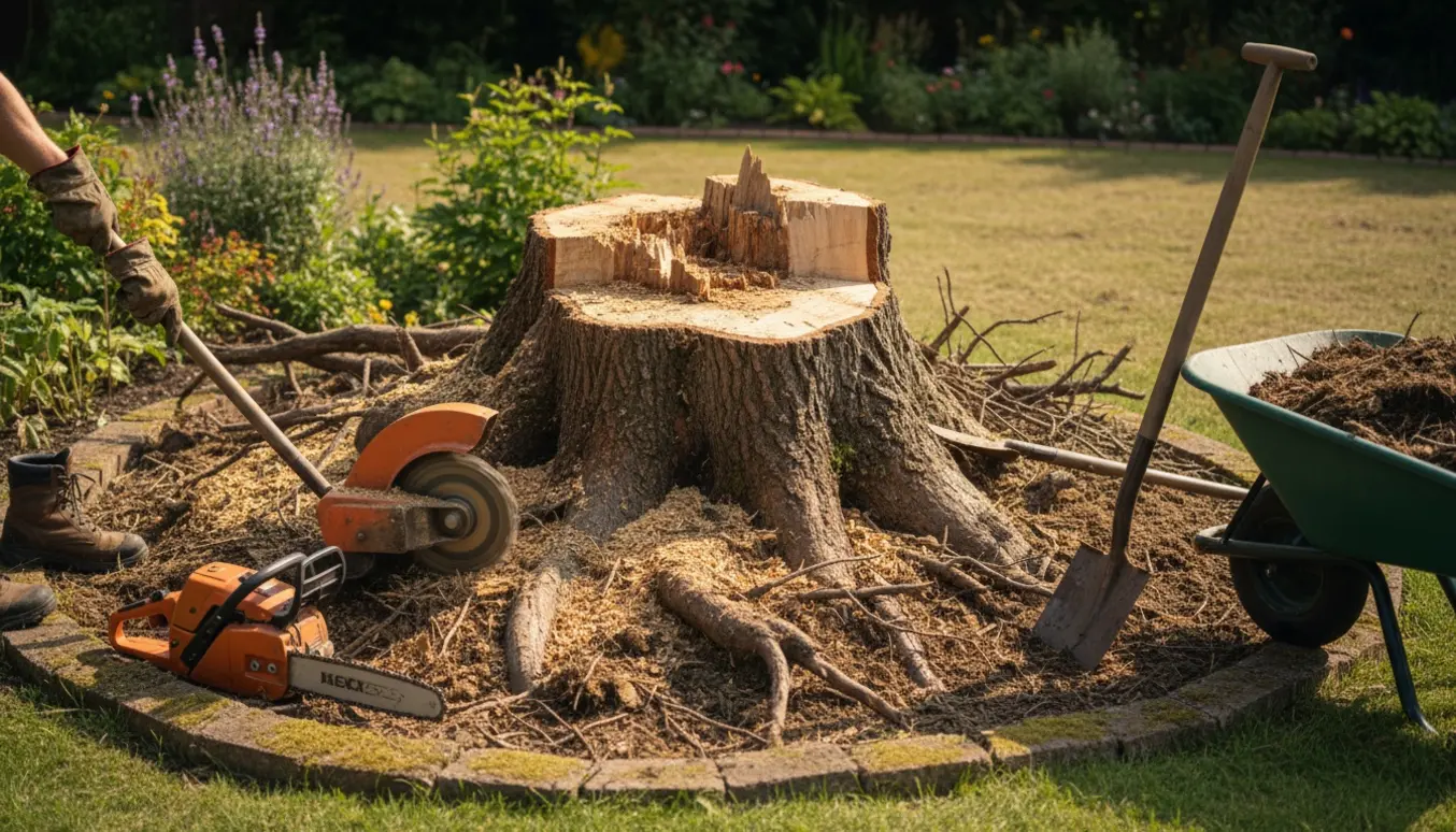 Stort egetræsstub under fjernelse i et nedlagt bed med synlige rødder, værktøj og træspåner.
