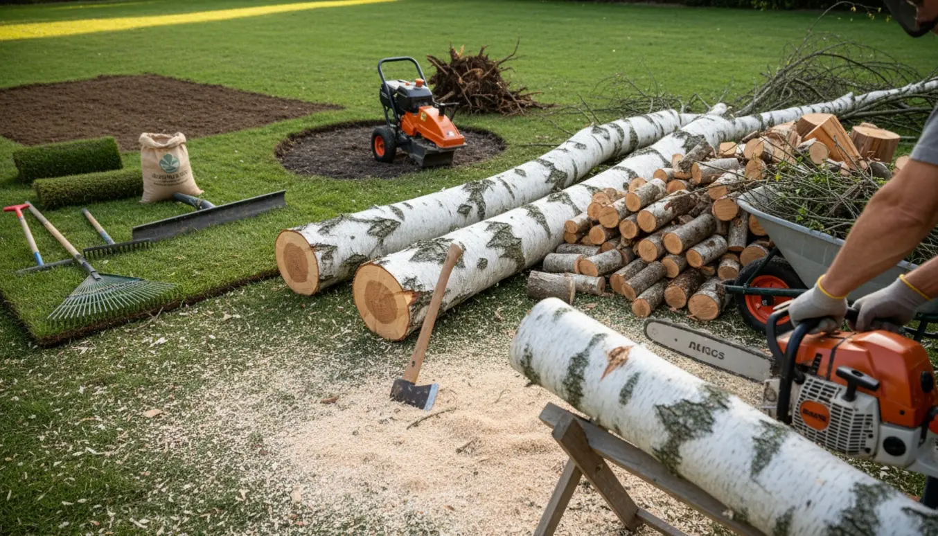 Fældede birketræer skåret til brænde i en have med værktøj og ruller af græstørv klar til ny plæne.