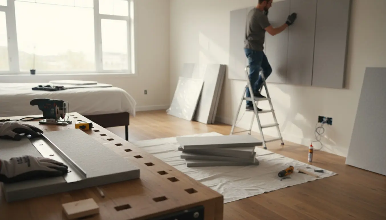 Hænder skærer og monterer akustikpaneler i et lyst soveværelse og tilpasser et panel omkring en stikkontakt.