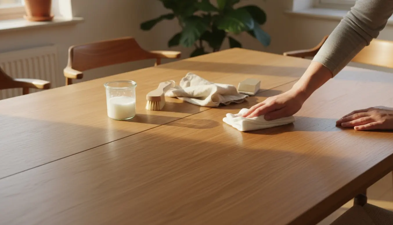 Nærbillede af sæbebehandling på et træspisebord med klud og børste, hvor den behandlede overflade er synligt frisket op.