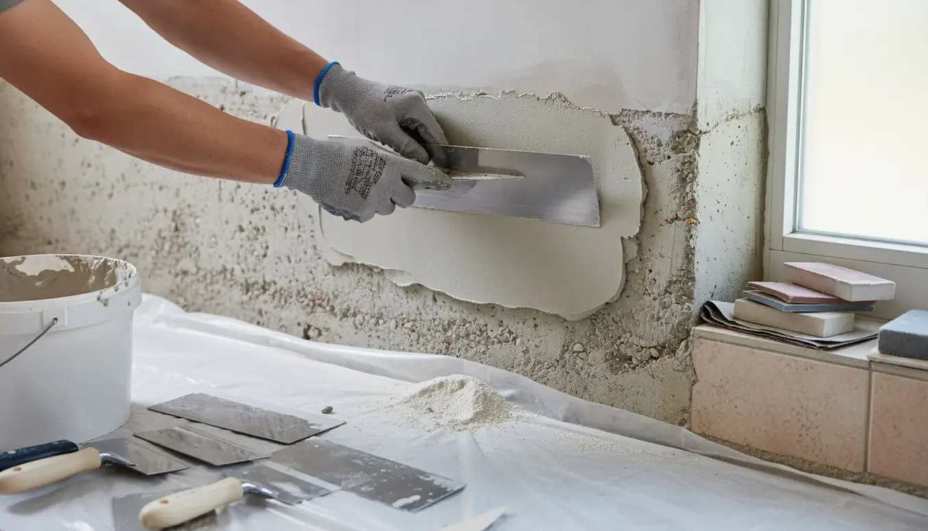 Hænder bruger en bred spartel til at påføre spartelmasse på en betonvæg i badeværelset med slibeblokke og slibepapir klar.
