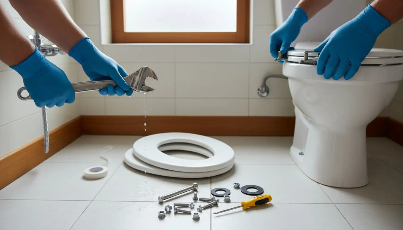 Hænder udskifter et krom brusebatteri og monterer to nye hvide toiletbrætter i et lyst badeværelse.