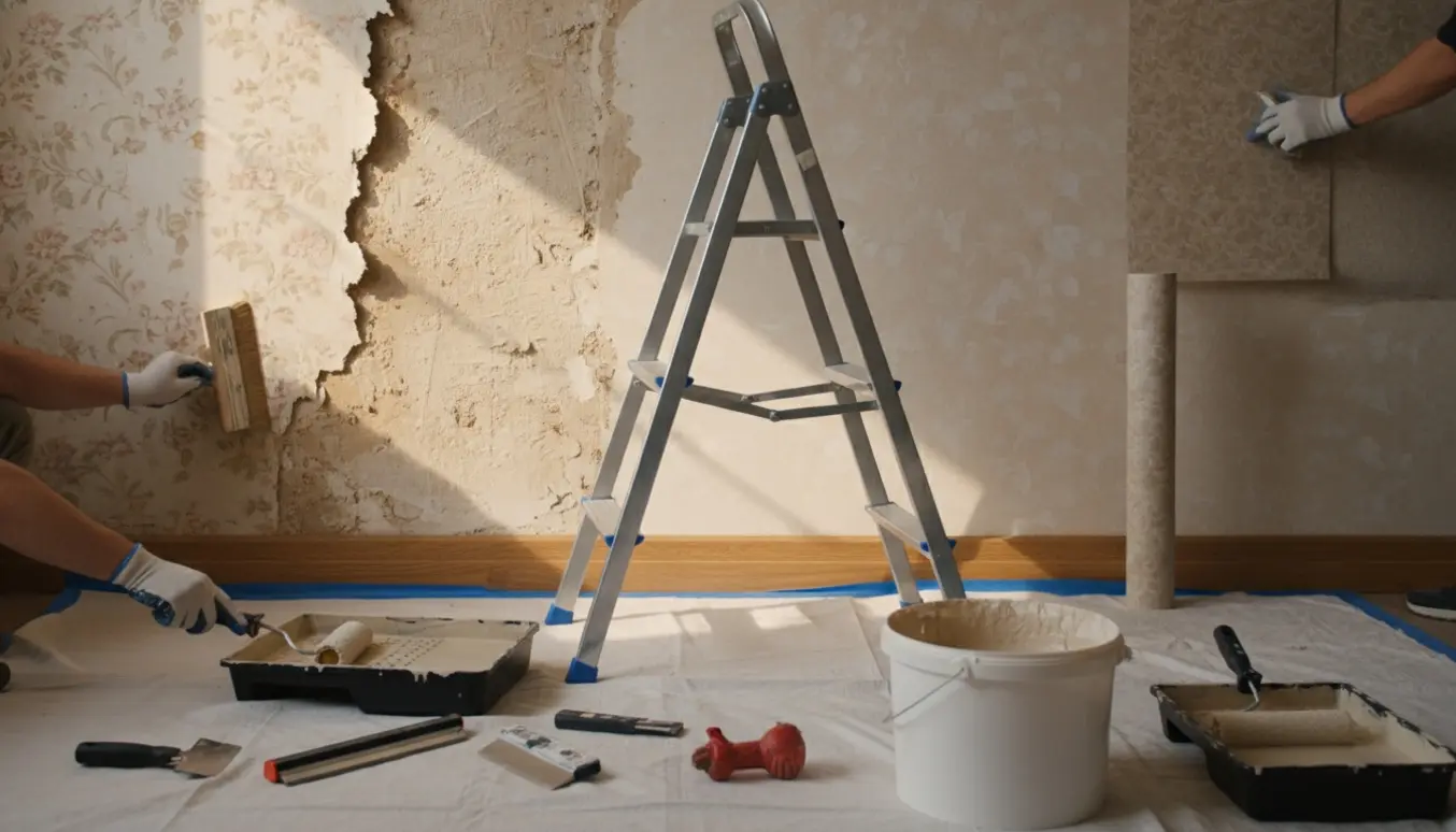 Væg under renovering med fjernet tapet, nyt tapetrulle og malerudstyr klar.