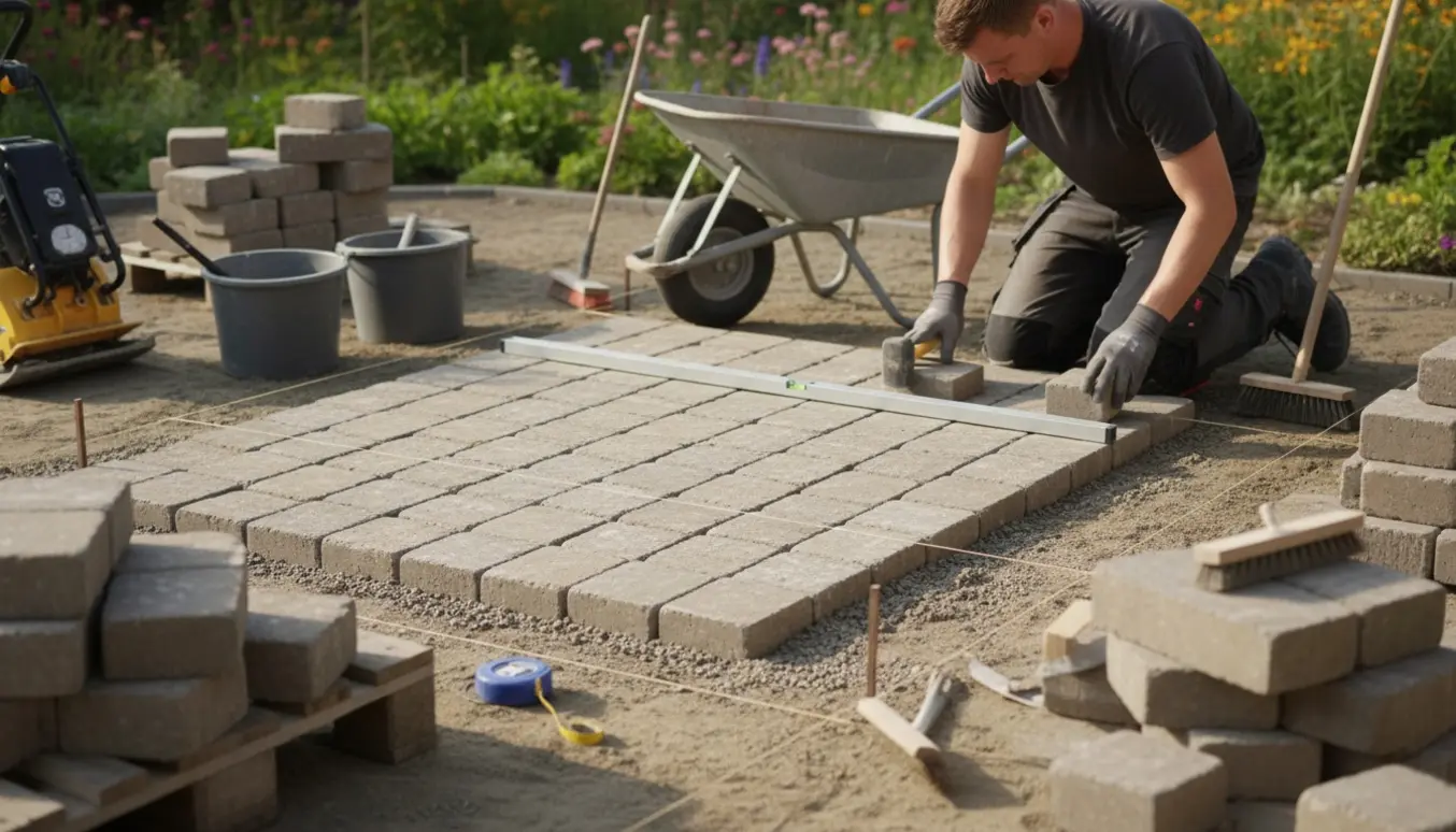 Hænder lægger herregårdssten på et udjævnet underlag med værktøj omkring.