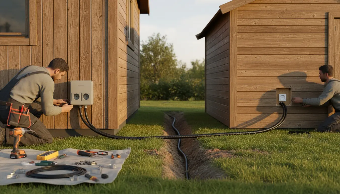 Elektriker trækker strøm fra sommerhuset til et nærliggende anneks med synlig kabelgang og udendørs stikkontakt.