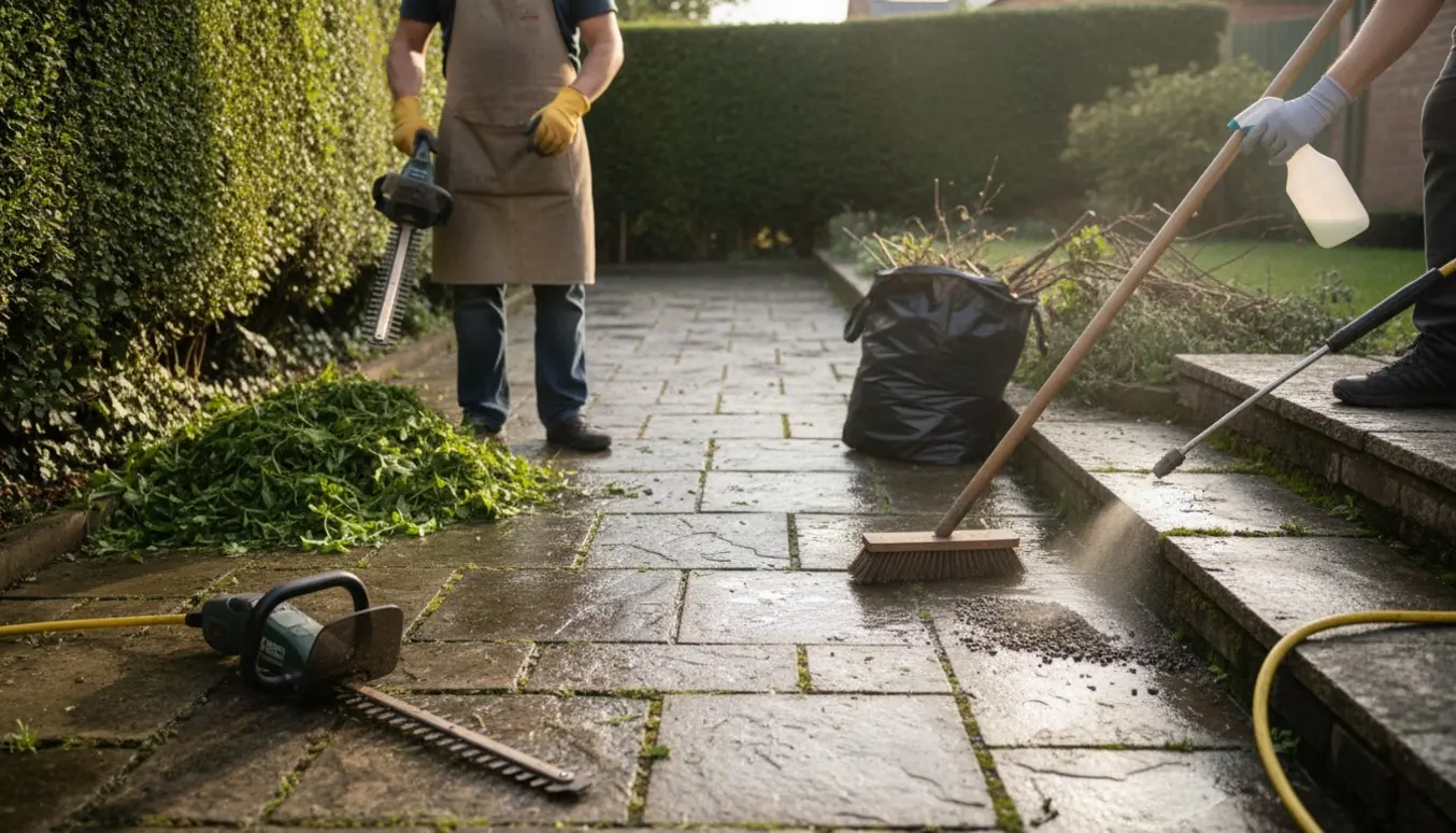 Hækklipning, ukrudtsfjerning og rengøring af fliser med algemiddel på en flisebelagt terrasse.