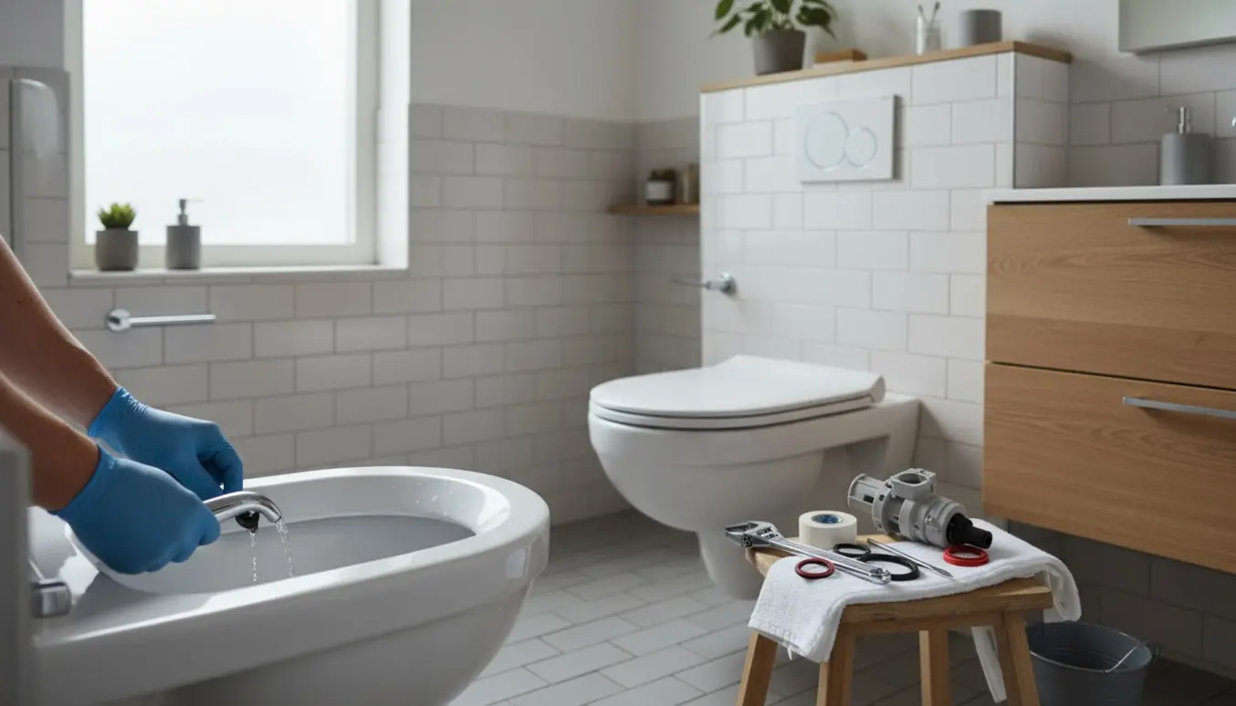 Håndværker med handsker reparerer et væghængt toilet med værktøj og reservedele i et lyst badeværelse.