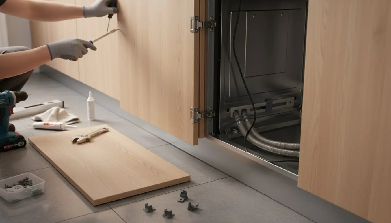 Installatør monterer en integreret opvaskemaskine med skabsfront og sokkel i et lyst køkken.