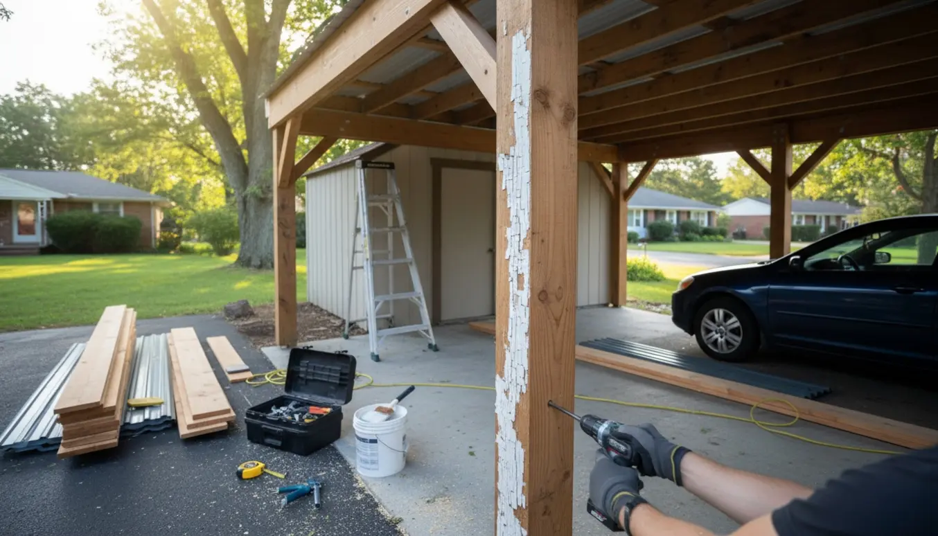 Renovering af carport og skur med arbejdshænder, nyt træ, værktøj og ladder i naturligt lys.