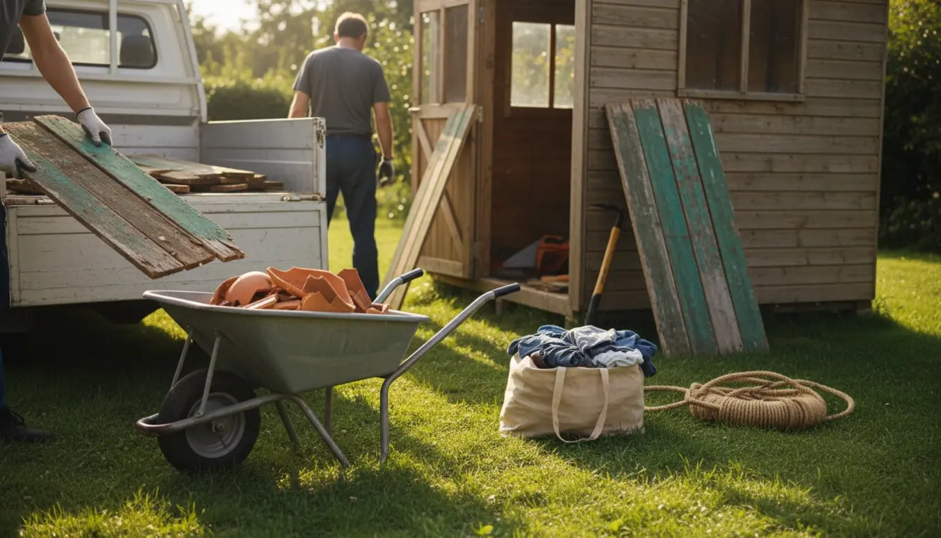 Gamle brædder læsses i en lille pickup ved et delvist adskilt have­skur med potteskår og tøj samlet til genbrug.
