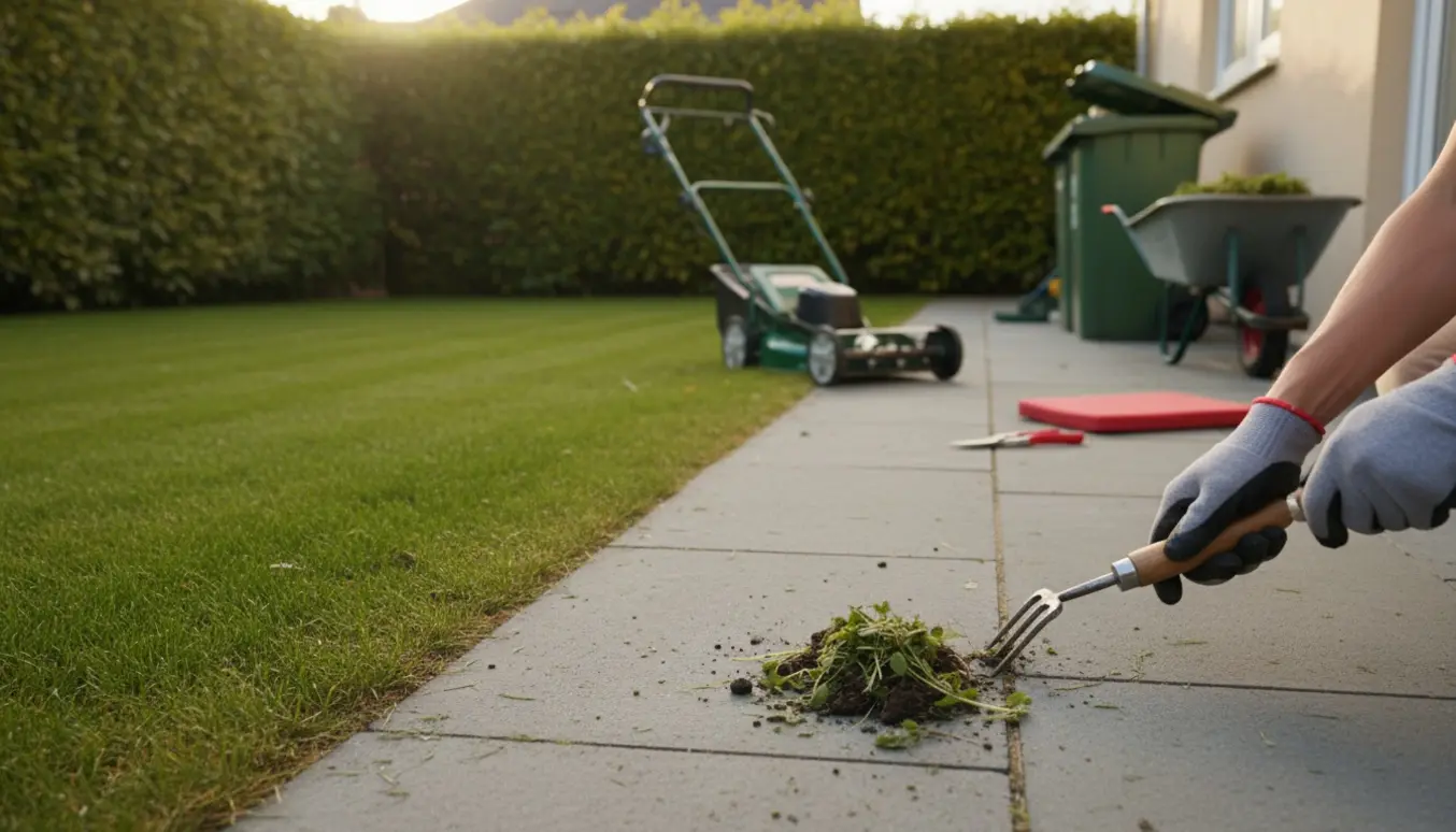 Nærbillede af haveredskaber og handsker mens ukrudt trækkes mellem fliser, nyslået græs, trimmet hæk og en container til grøntaffald ved huset.