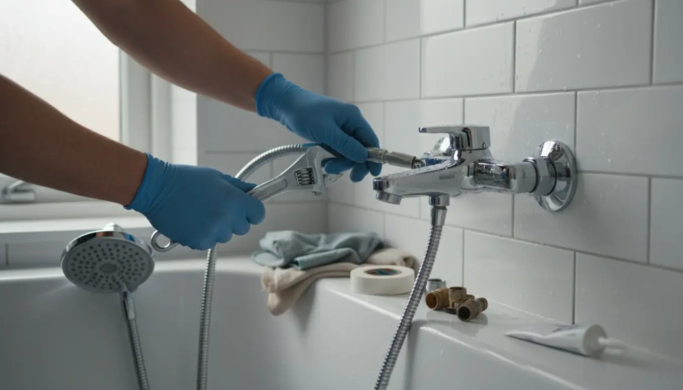 Nærbillede af hænder, der monterer et nyt krom brusesæt og udskifter et blandingsbatteri på fliser.