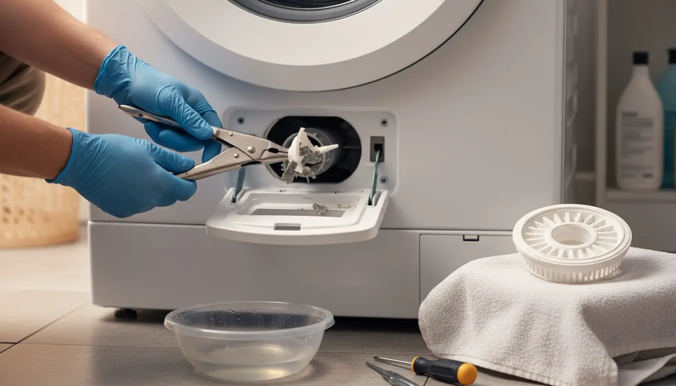 Hænder i handsker fjerner et knækket filter fra vaskemaskinens bundadgang med nyt filter og en skål til vand ved siden af.