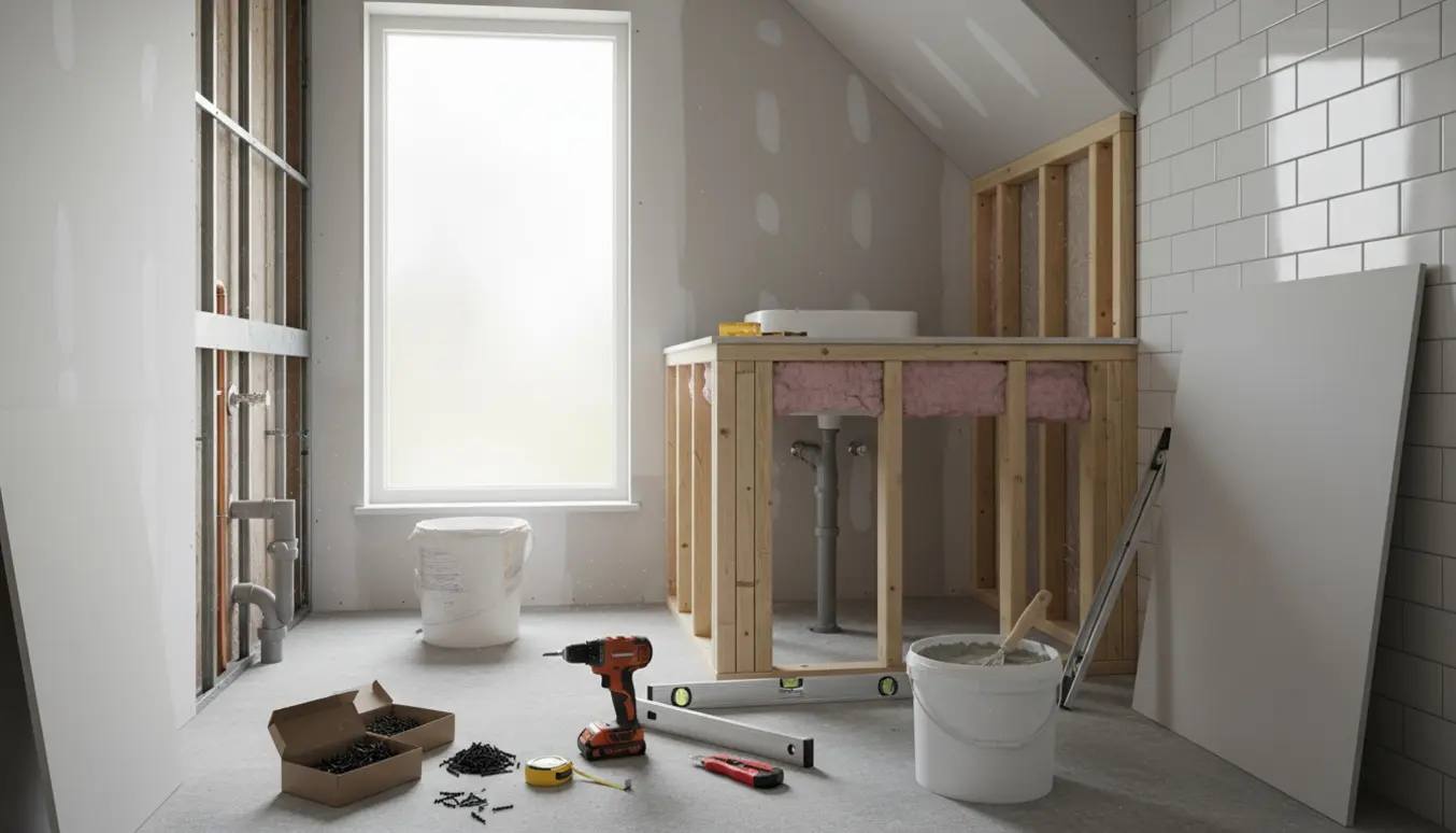Lille badeværelse under færdiggørelse med gipsplader, synlige VVS-rør og værktøj.