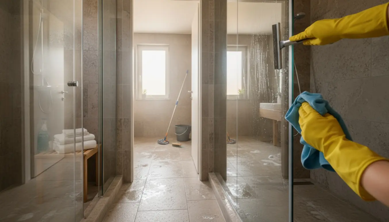 Rengøring af to badeværelser med glasbrusevægge og stengulve, hænder tørrer en glasdør med en gummiskraber.
