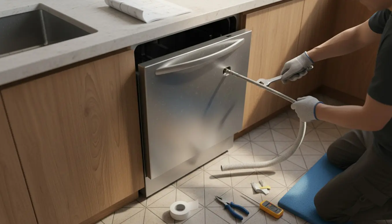 Montage af en brugt opvaskemaskine under køkkenbordet, hænder forbinder vandslange og afløb.