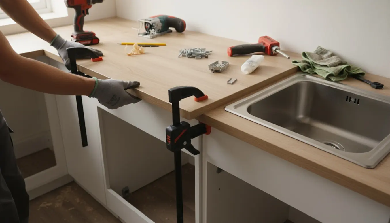 Håndværkere monterer en ny laminatbordplade og placerer en vask i et lyst køkken.