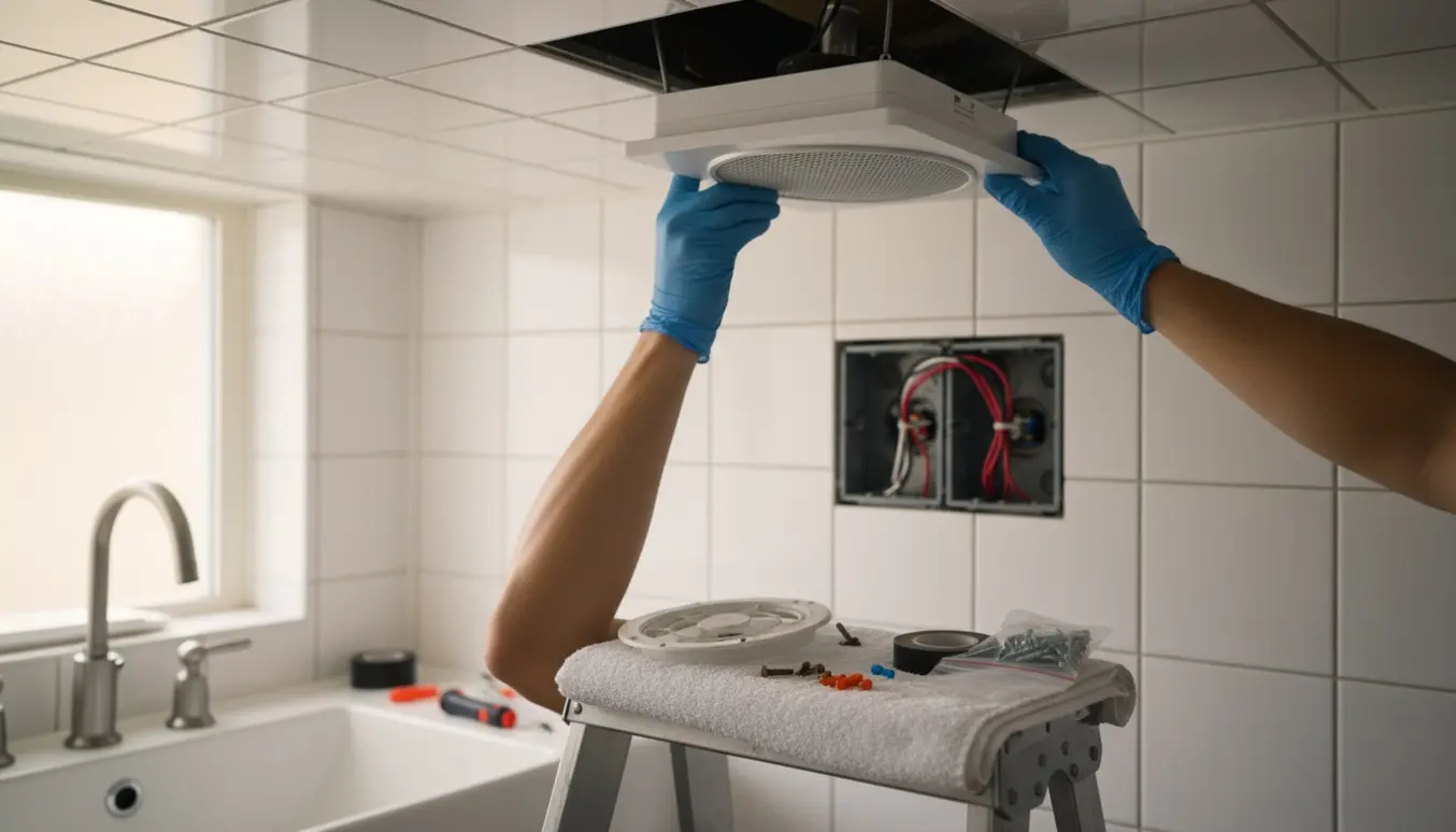 Hænder monterer en ny støjsvag badeværelsesventilator i loftet med værktøj og åben dobbelt afbryderboks i baggrunden.