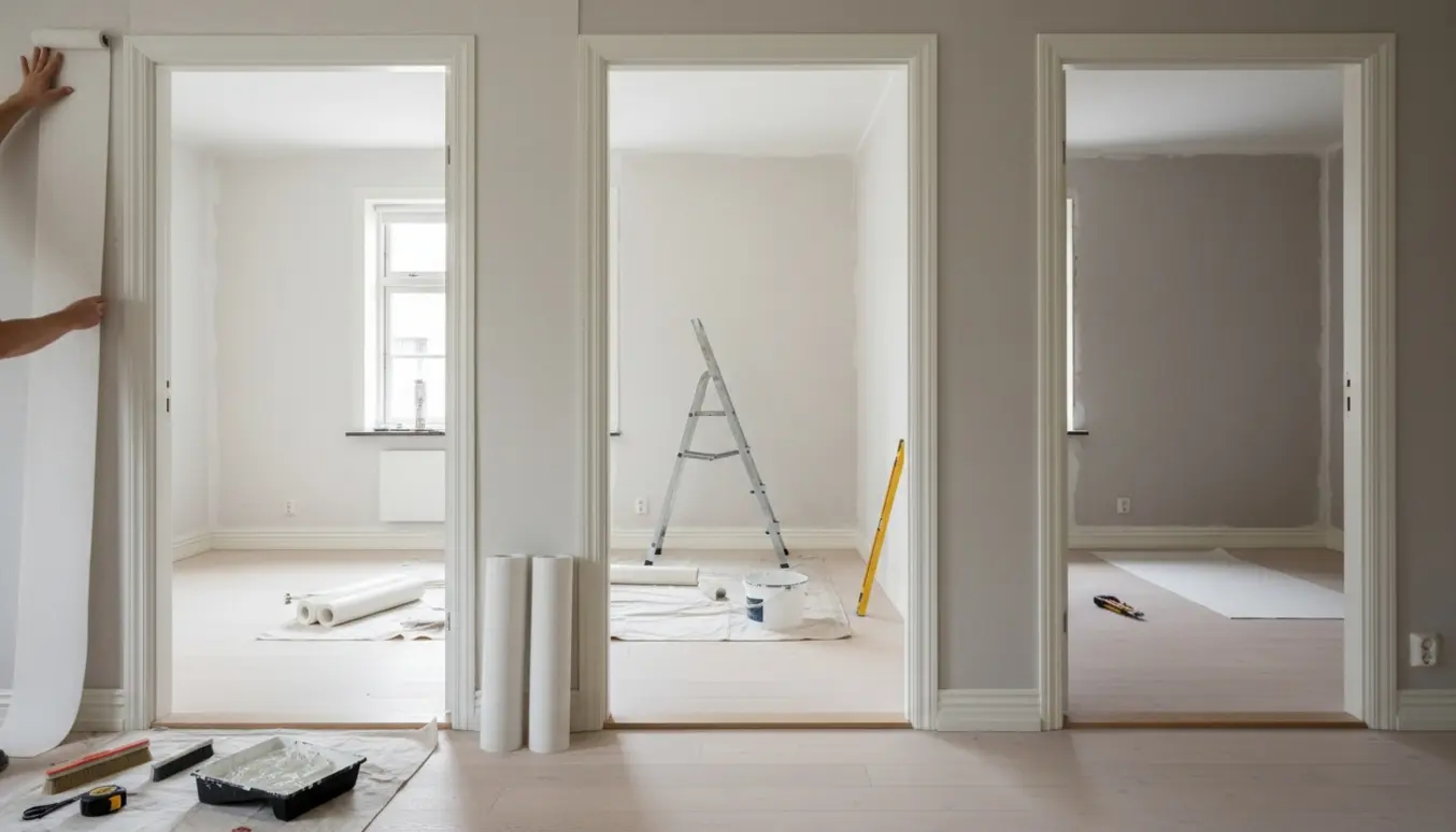 Tre sammenhængende rum i en lys lejlighed, hvor filt bliver opsat på væggene med værktøj og ruller liggende klar.