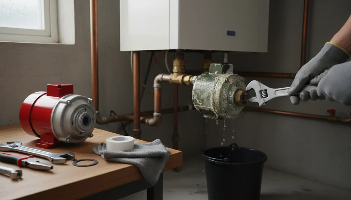 Udskiftning af en cirkulationspumpe på varmeanlæg med værktøj og opsamlingsspand.