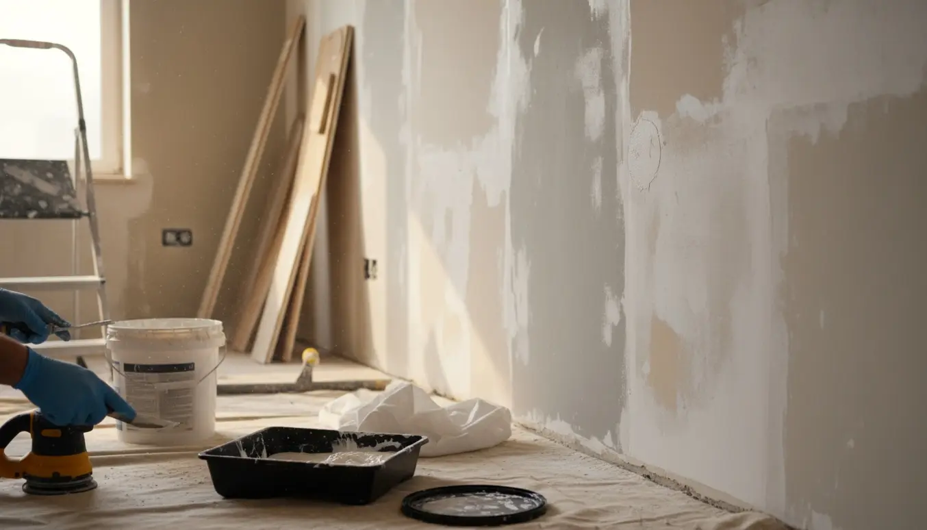 Hænder glatter spartelmasse på en ujævn væg i en lys lejlighed under renovering.