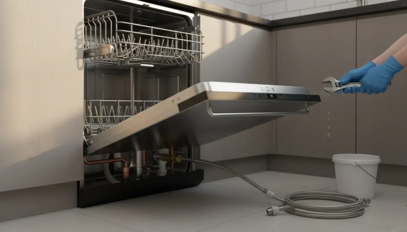 Åben opvaskemaskine med synlig vandtilslutning, mens hænder tjekker ventilen under vasken.