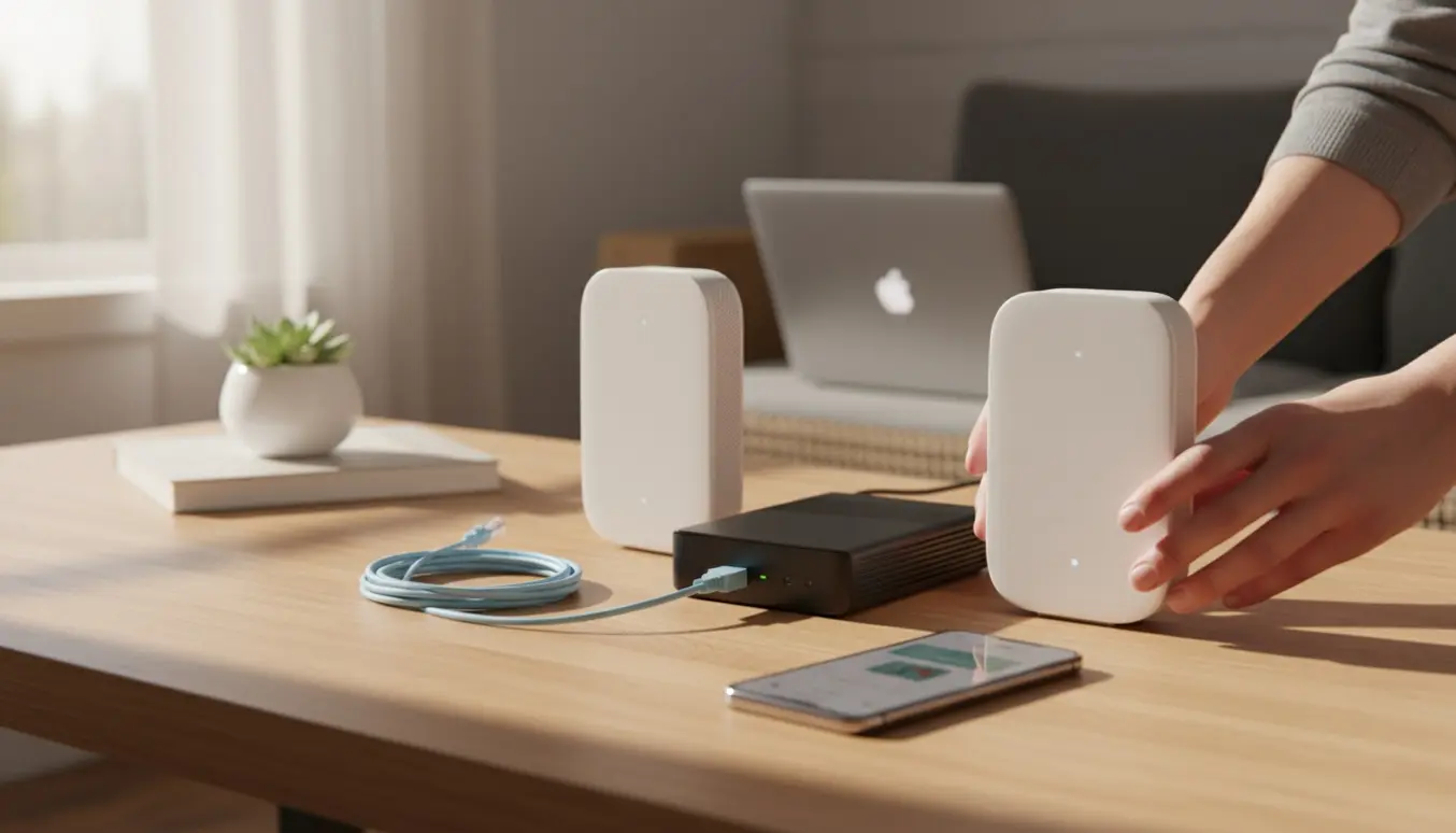 To elegante hvide mesh-routere på et træbord ved siden af en smartphone og en bærbar i et lyst hjem.