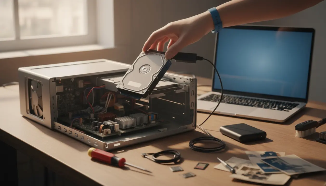 Åben gammel stationær pc på et arbejdsbord, hænder forbinder en harddisk til en USB-adapter for at kopiere billeder.