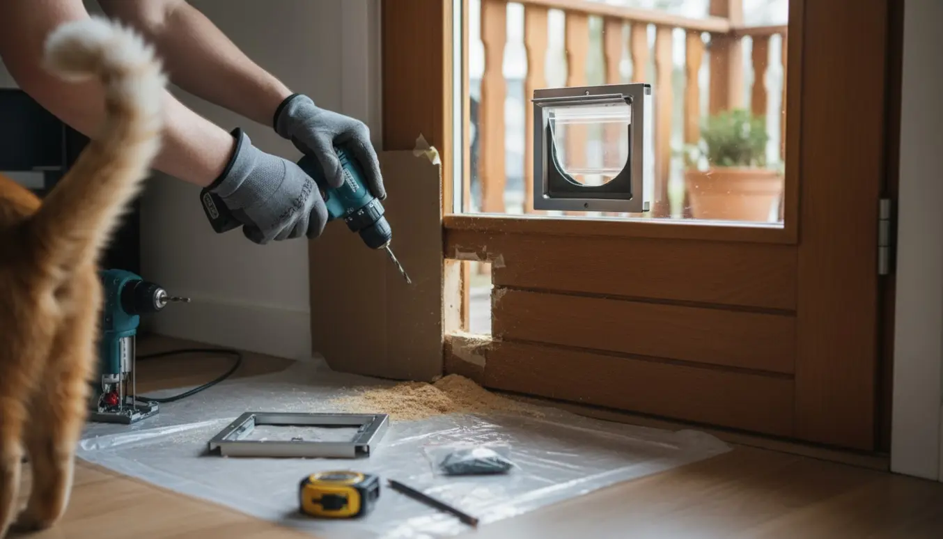 Montering af kattelem i en kombineret træ- og glasdør med værktøj og savsmuld.