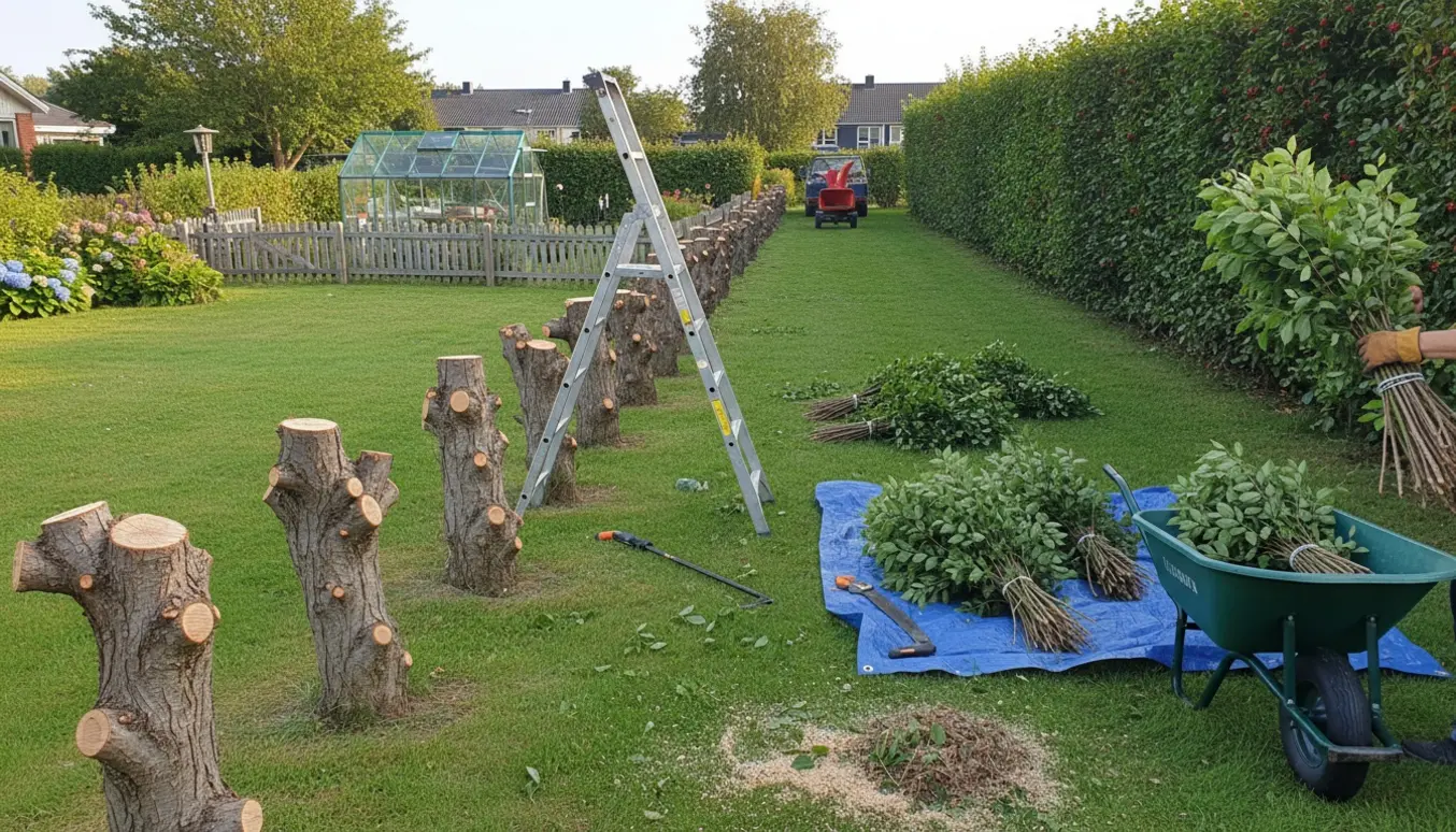 Kirsebærkornel-hæk skåret ned til ca. 50–60 cm med bunke af afklippede grene og værktøj ved et lille grønt drivhus.