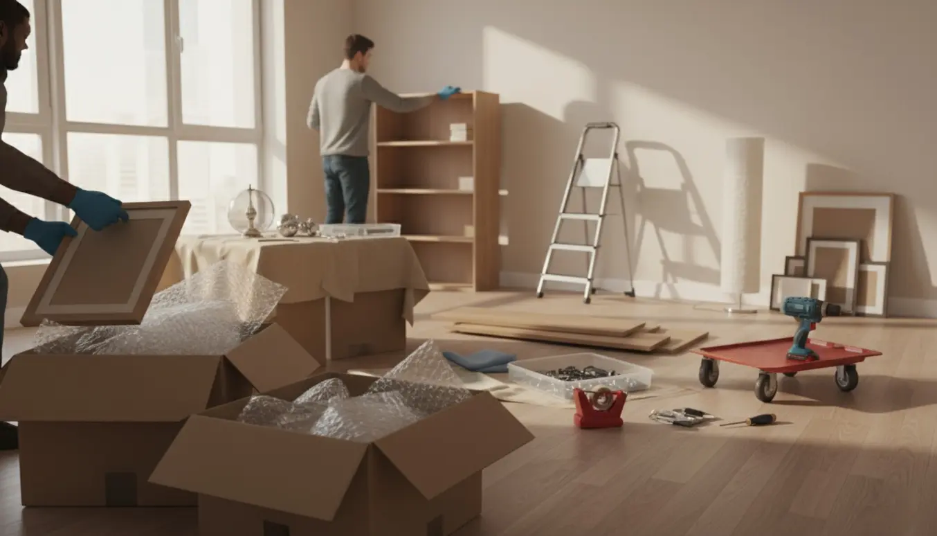 Hænder pakker kasser og afmonterer reoler i en lys stue med stige og værktøj.
