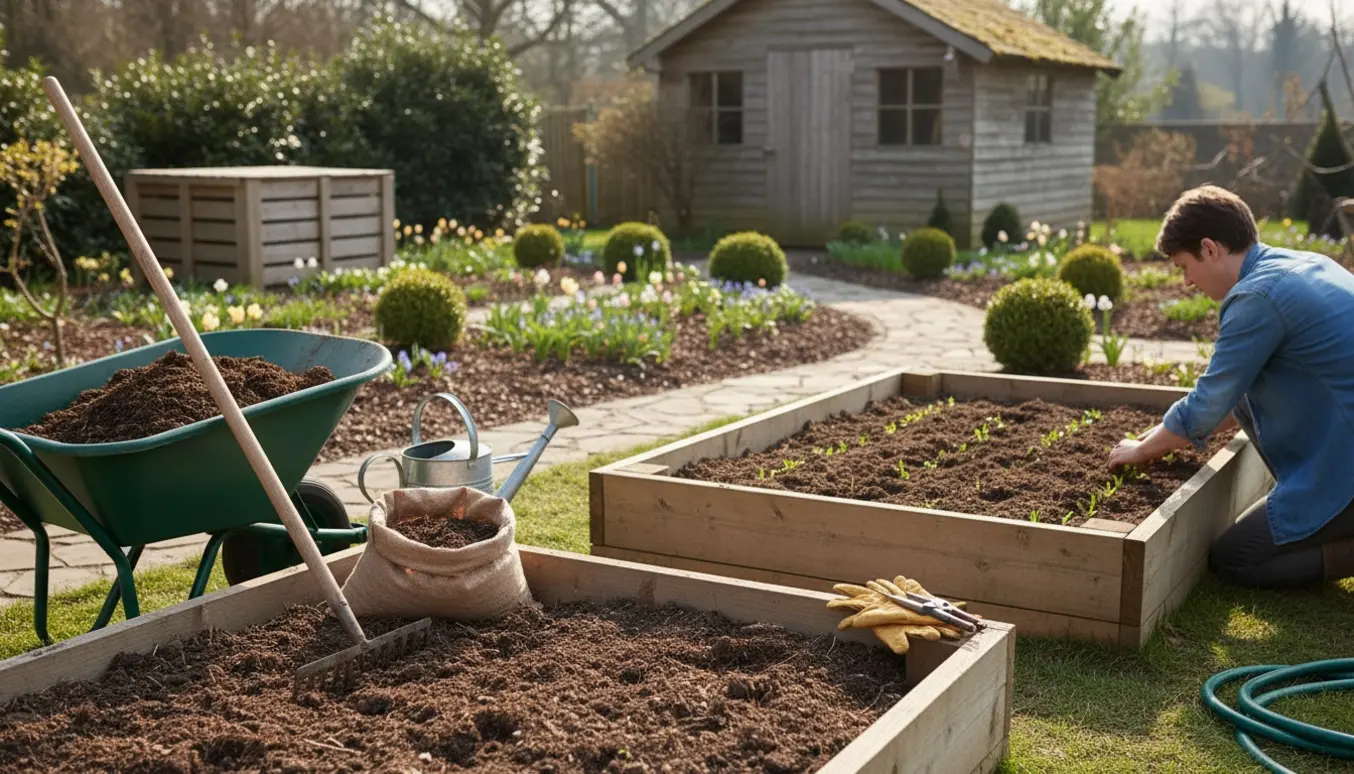 Soloplyst forårshave med redskaber, nysået jord og en havearbejder set bagfra, der planter små planter.