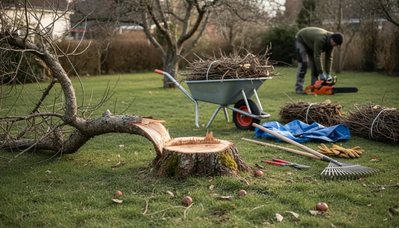 Knækket æblegren og nyfældet æbletræstump i en have med trillebør og haveredskaber klar til oprydning.
