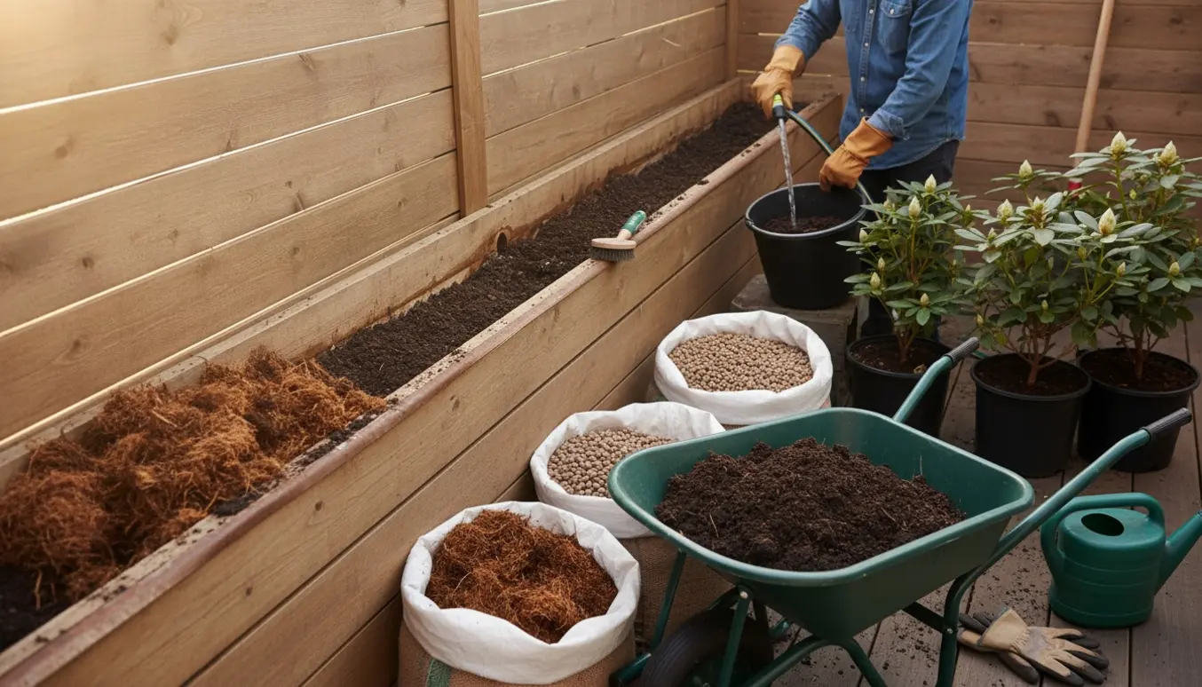 Lang, smal udvendig altankasse er tømt med sække med grov spagnum og LECA samt rhododendron i potter klar til opfyldning.