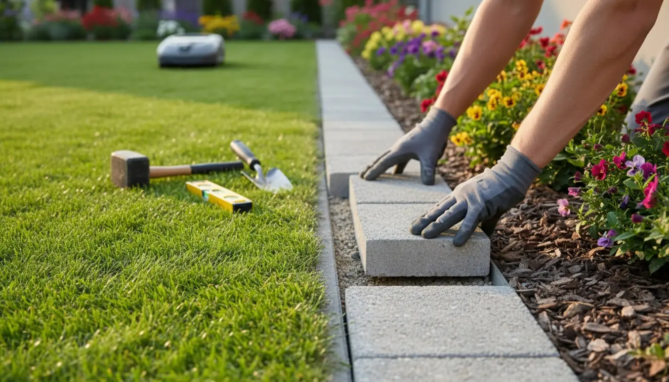 Hænder lægger rektangulære fliser som kant mellem græsplæne og blomsterbed.